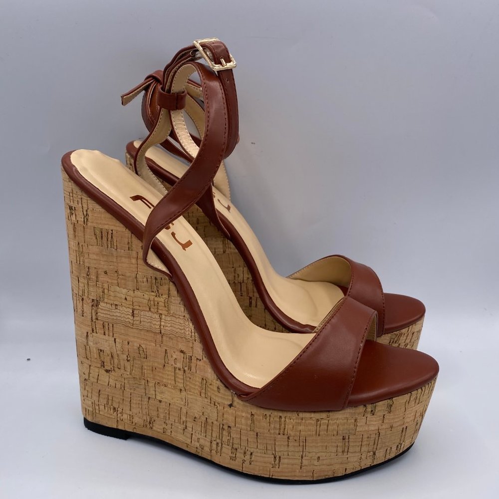 FSJ Tan Wedges Sandals Ankle Strap Slingback Open - Picture 3 of 11